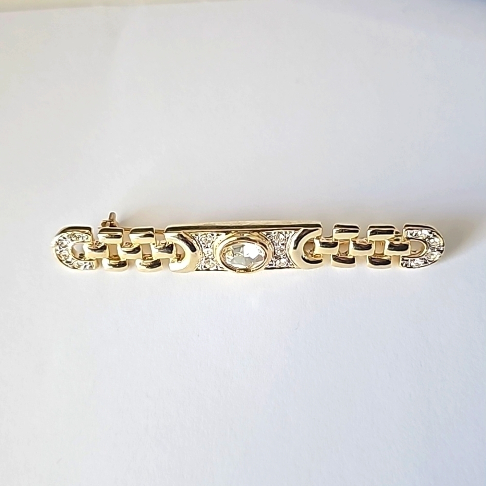 Vintage Gold Tone Metal and Rhinestone Chain Link Bar Brooch